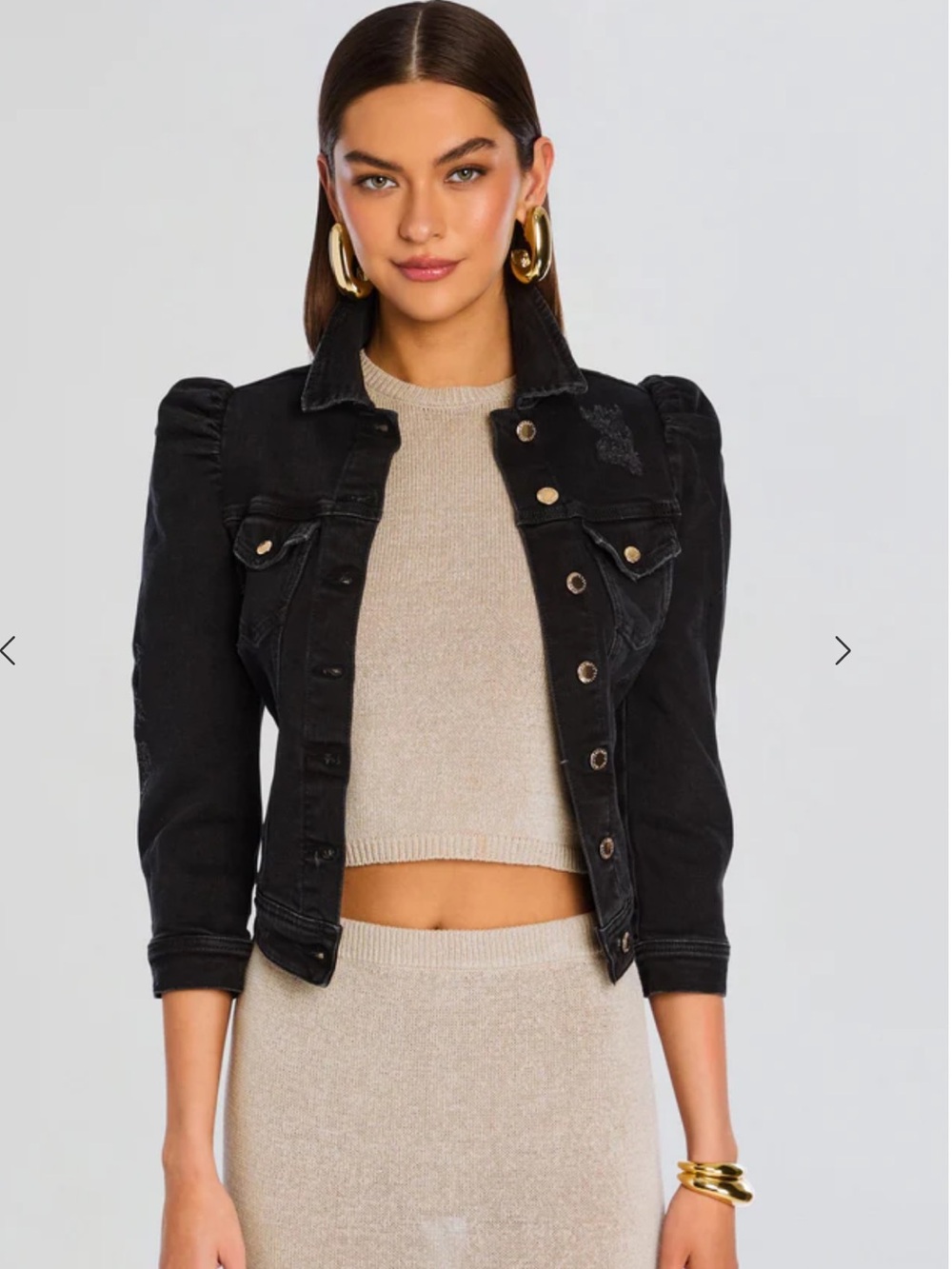 Retrofete Black Distressed Denim Jacket with Puff Shoulders and Gold Buttons